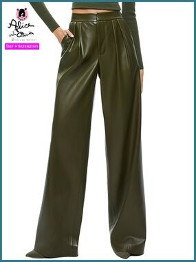 Alice + Olivia Pompey Dark Olive Green Vegan Leather Pant